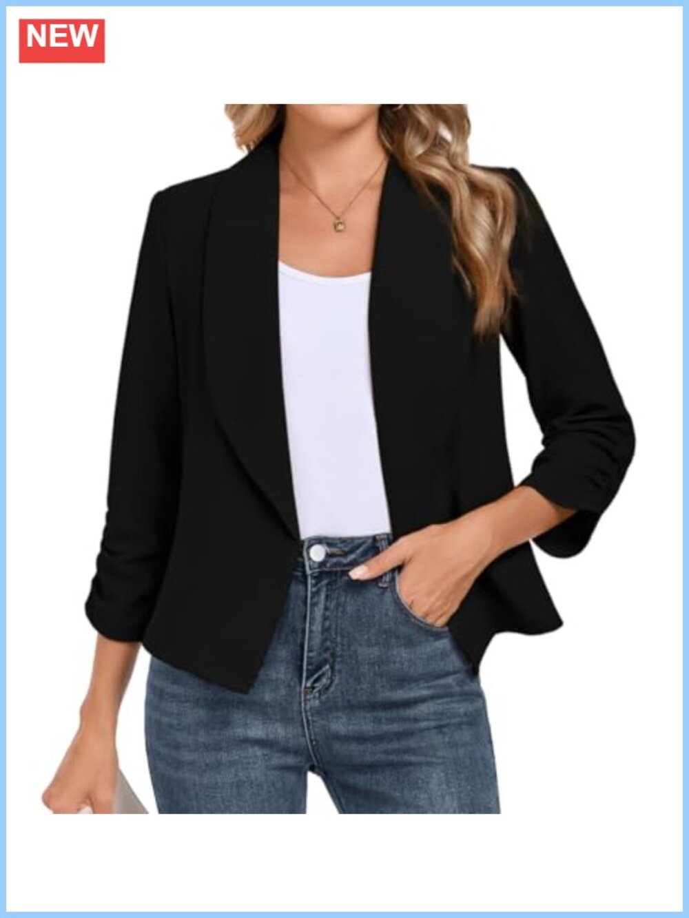 Women's 3/4 Sleeve Open Front Blazer Casual Work Suit Jacket Slim Fit